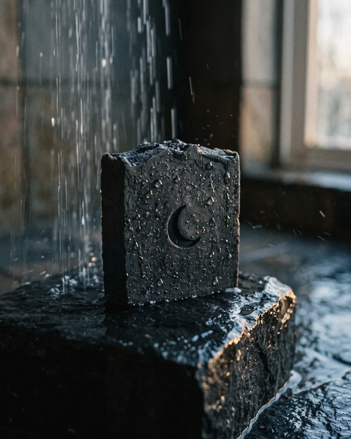 the basalt bar — charcoal soap with a crescent pressed in, under falling shower water on wet black stone
