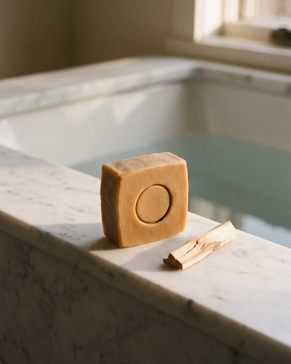 the dusk bar, camel soap pressed with a circle, beside a stick of sandalwood on the marble rim of a filled bath