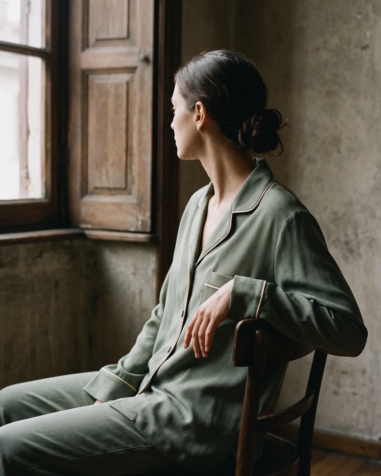 the silk pajamas in moss silk crepe piped in cream, worn seated on a wooden chair by a window