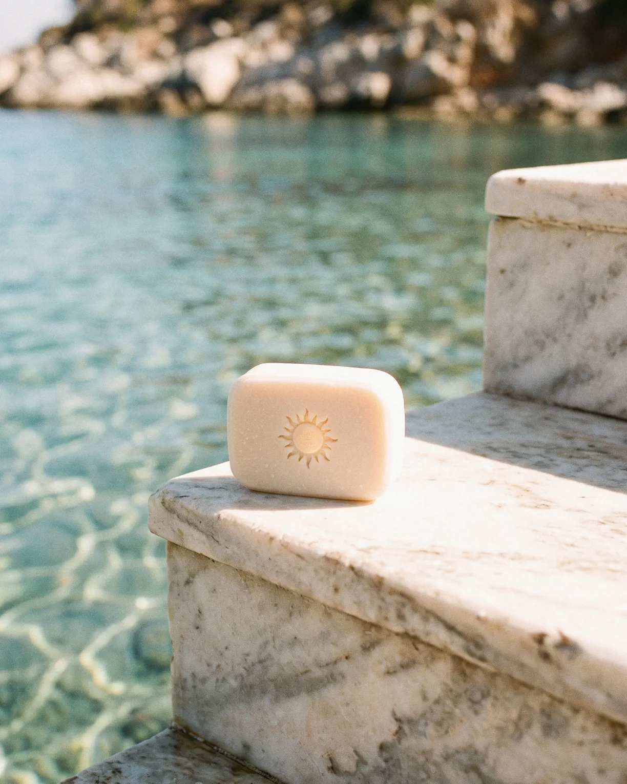 the sun bar on white marble steps by the sea