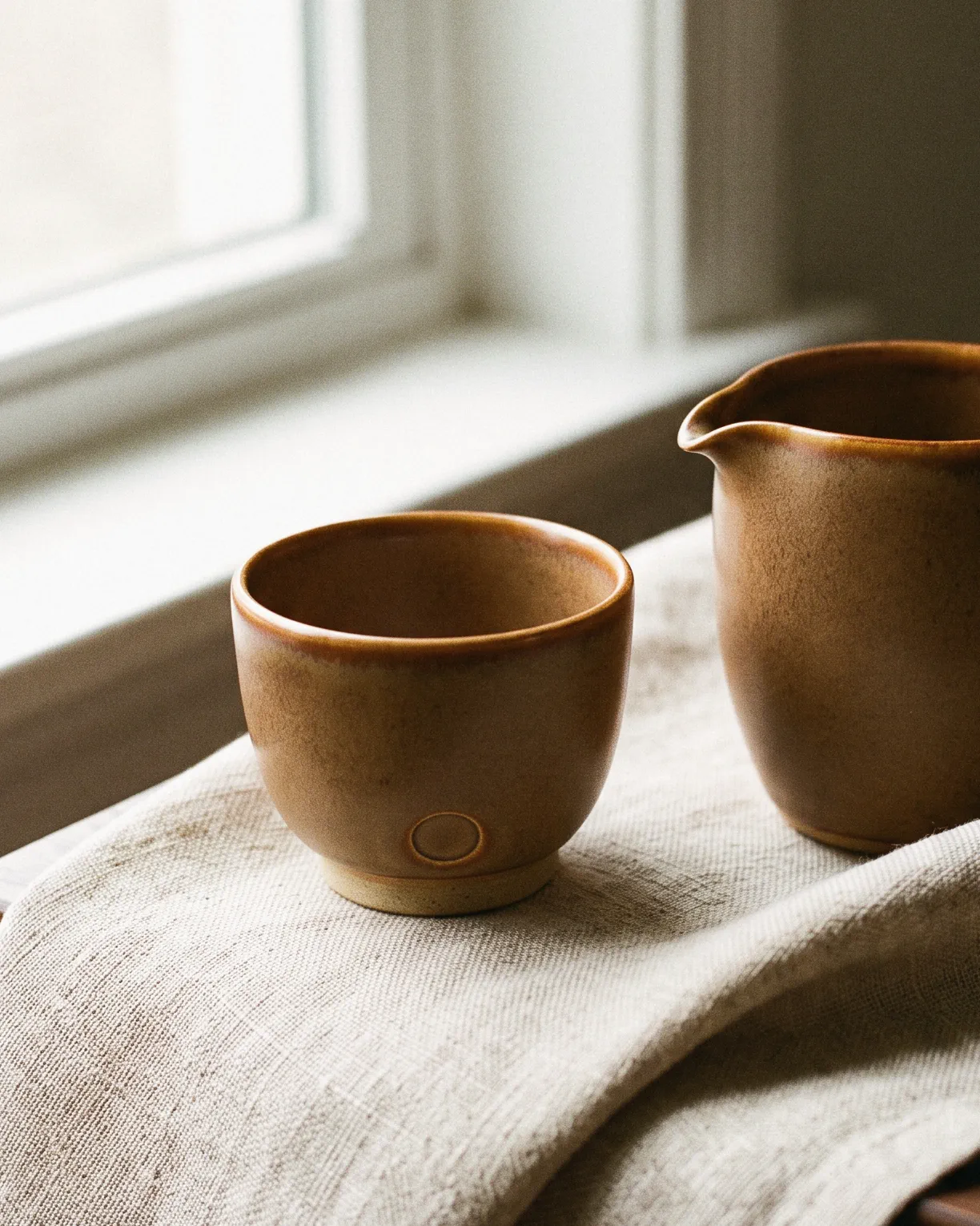 the tea cup, a small handleless stoneware cup in an earth glaze with a circle pressed near its foot, beside a pitcher on linen by a window